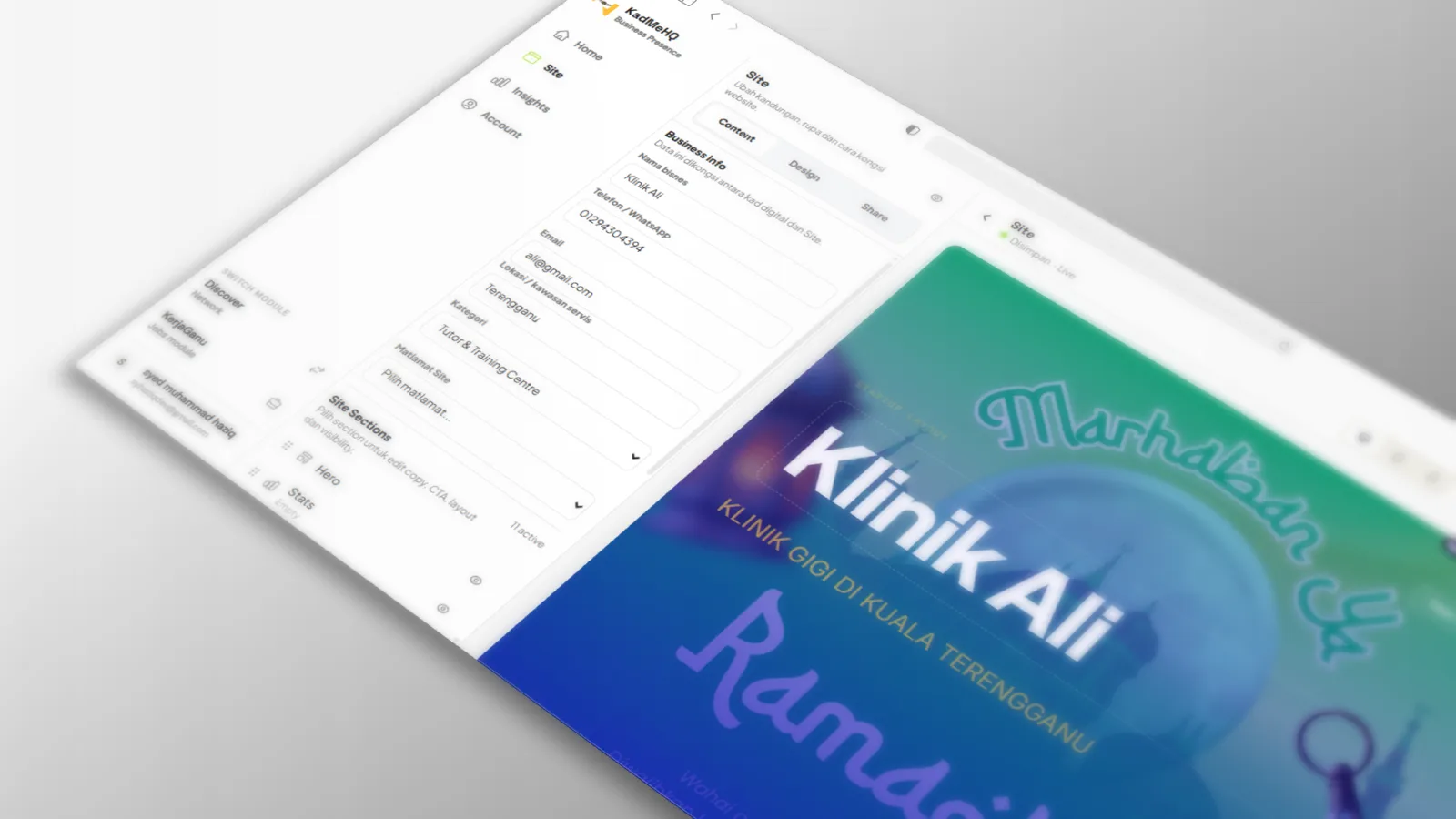 KadMe web app: website builder and digital business card dashboard