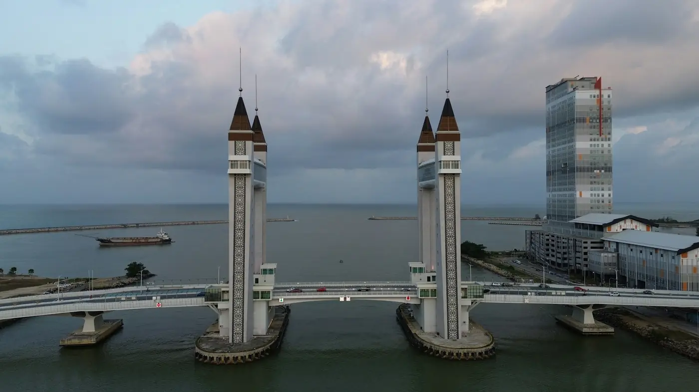 Aerial view of the twin-towered drawbridge crossing the Terengganu river at Kuala Terengganu at dusk