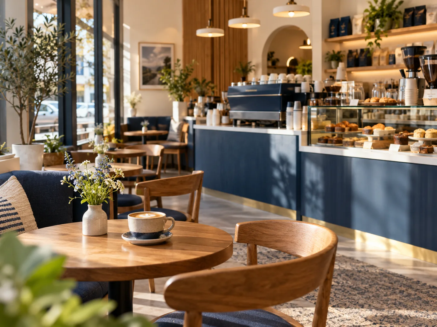 Warm cafe interior with window-side tables, a coffee counter and soft pendant lighting