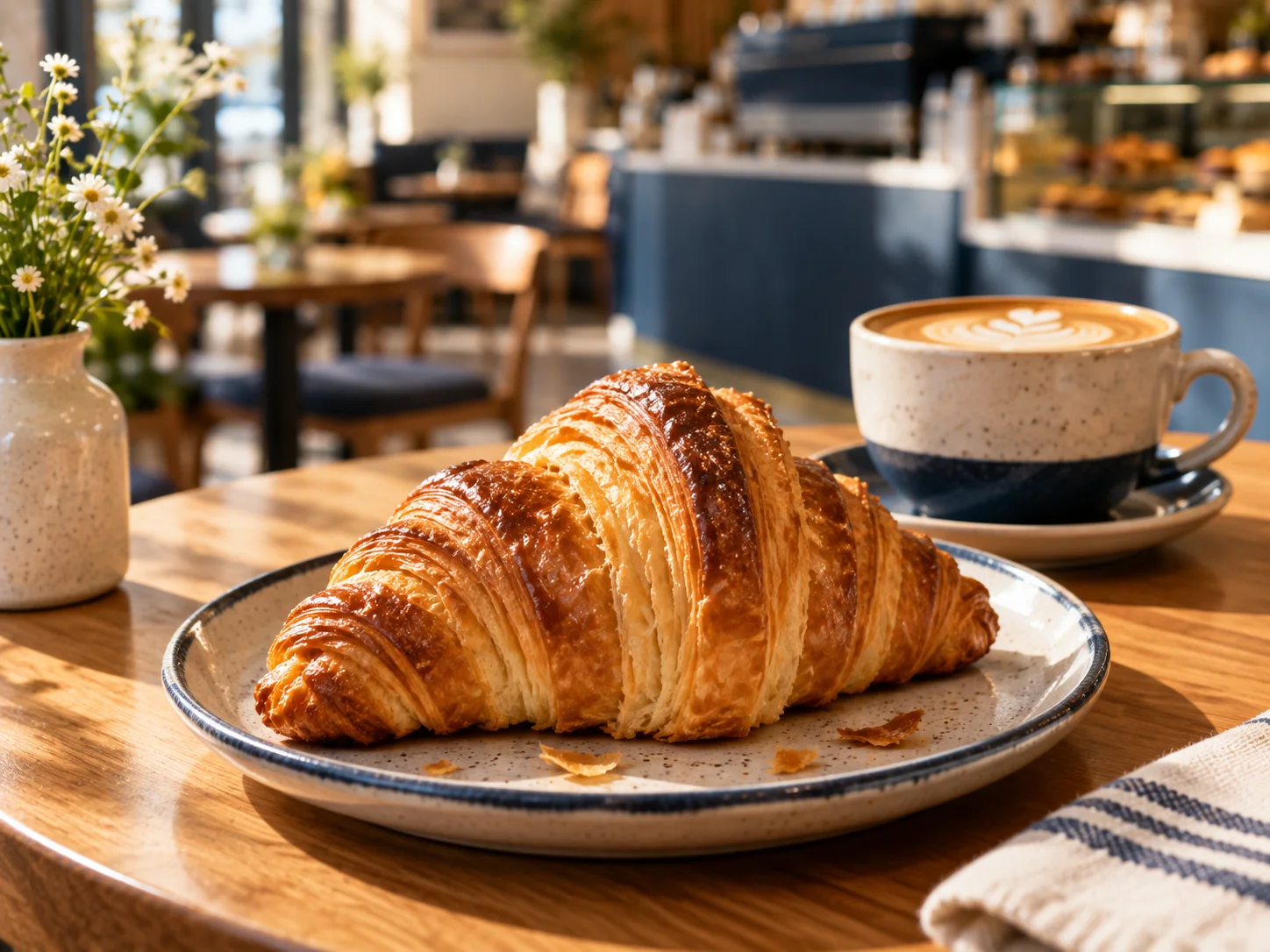 Golden croissant served with a cappuccino on a wooden cafe table